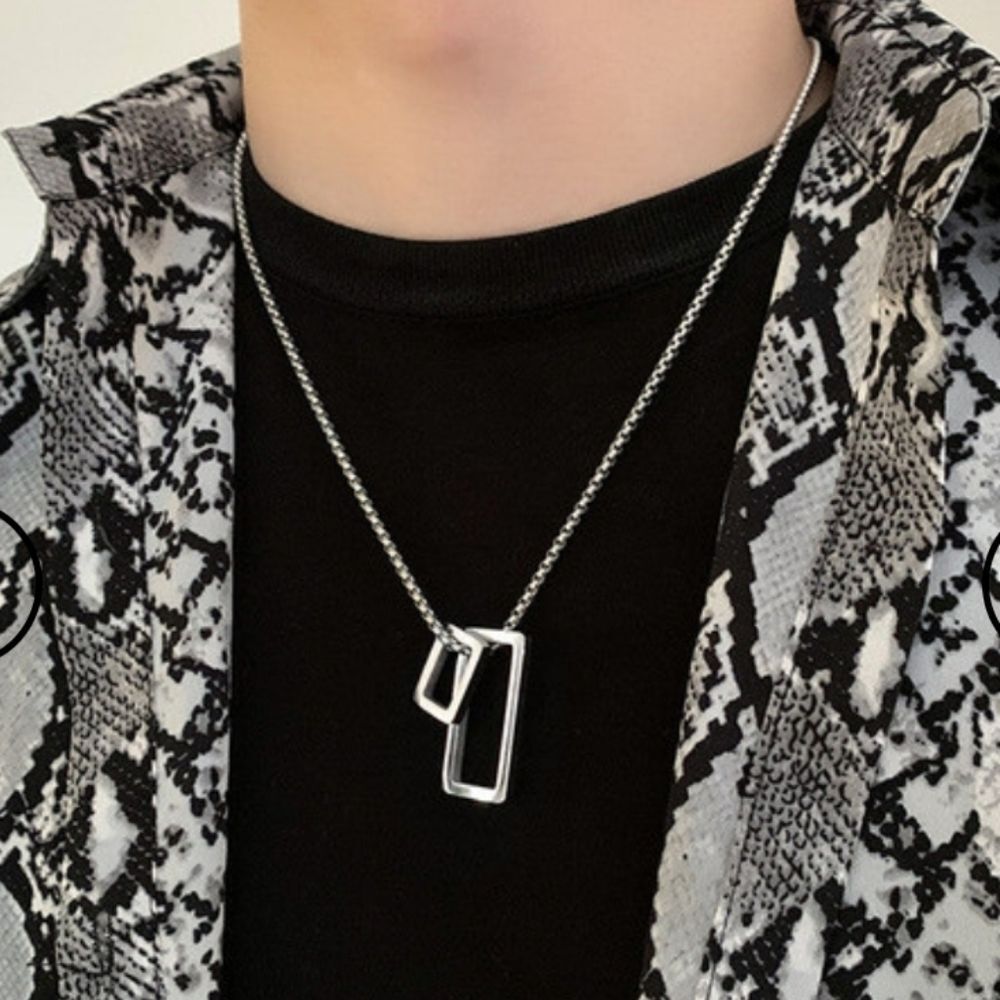 Silver Geometric Rectangle Pendant Necklace Stainless Steel Unisex 24" Jewelry